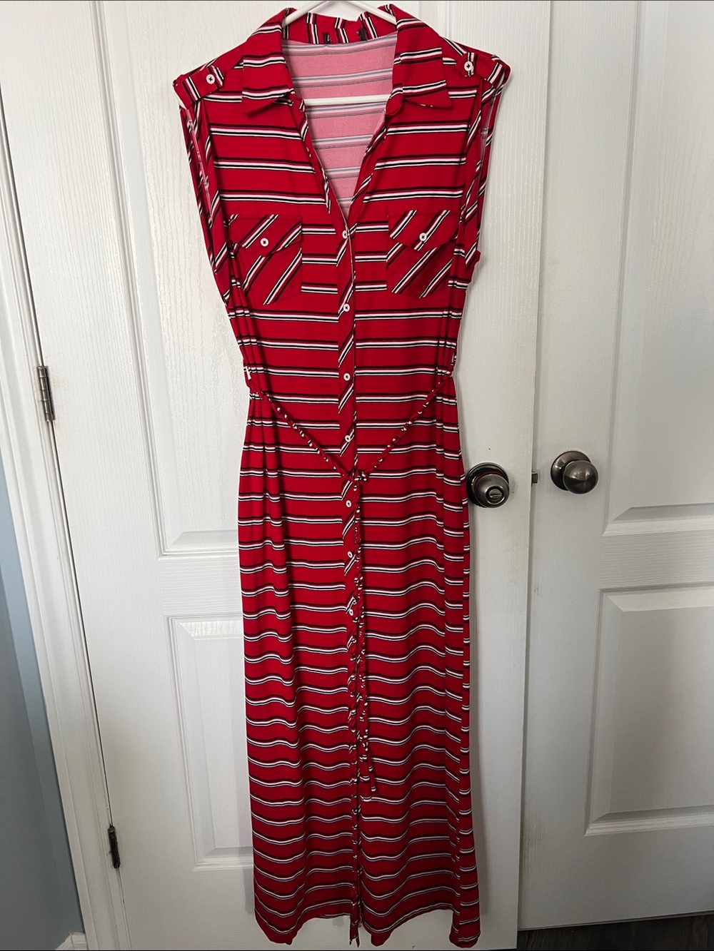 Sleeveless Red Striped Button-Front Maxi Dress